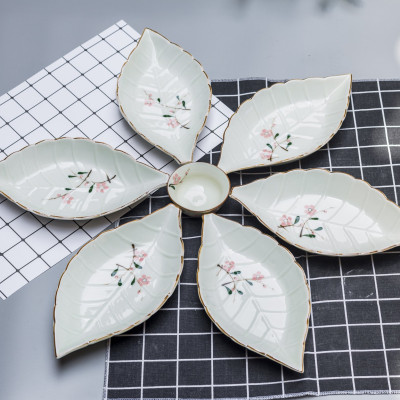 Bộ đĩa ăn vẽ hoa đào hồng gốm sứ Bát Tràng