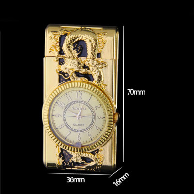 Vỏ Hột Quẹt Bật Lửa Khò Ga Kiêm Đồng Hồ Khắc Họa Tiết Rồng Vàng/Thằn Lằn Có Đèn Led Cao Cấp