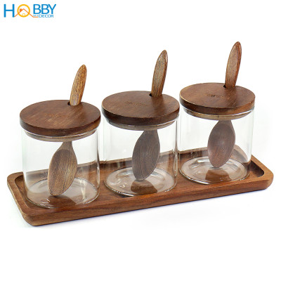 Combo 3 hủ gia vị thủy tinh kèm khay muỗng Hobby Home Decor HGV3D