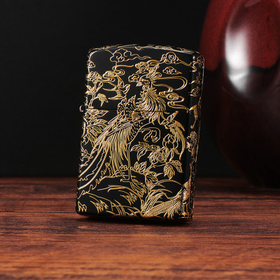 Vỏ Hột Quẹt Bật Lửa Xăng Đá Zorro Z2-1077 Khắc Họa Tiết Chim Phượng Hoàng Hoa Mẫu Đơn Phú Quý