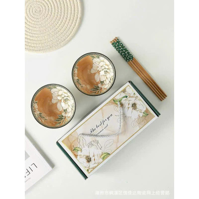 Bộ 6 Bát Đũa Sứ Ăn Cơm Họa Tiết Hoa Trà Kèm Hộp Tặng Quà, Mang Đi Biếu Gia Đình và Bạn Bè - HÀNG CHÍNH HÃNG MINIIN