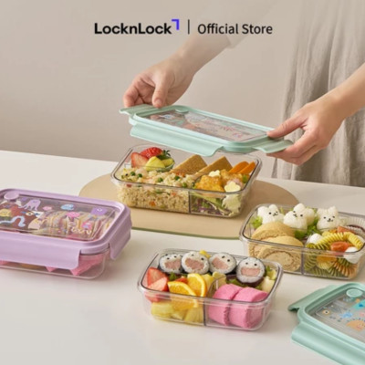 Hộp cơm nhựa 3 ngăn trong suốt  LocknLock 750ml - LCB501 và 1L - LCB502 - 2 màu (Tím, Xanh)