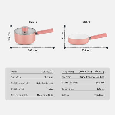 Bộ nồi chảo chống dính 16cm Elmich baby EL-1169AP, Hàng chính hãng, Dùng được nhiều loại bếp - JoyMall