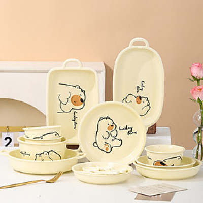 Bộ Bát Đĩa Thương Hiệu GOSU Họa Tiết Gấu Vàng Nước Men Sáng Đẹp Chất Lượng Cao