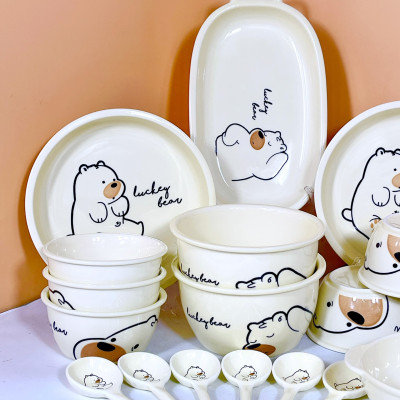 Bộ Bát Đĩa Thương Hiệu GOSU Họa Tiết Gấu Vàng Nước Men Sáng Đẹp Chất Lượng Cao