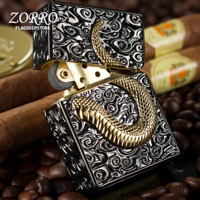 Vỏ Hột Quẹt Bật Lửa Xăng Đá Zorro Z91272 Hình Rắn 3D Đẹp Độc Lạ - Dùng Xăng Bấc Đá Cao Cấp