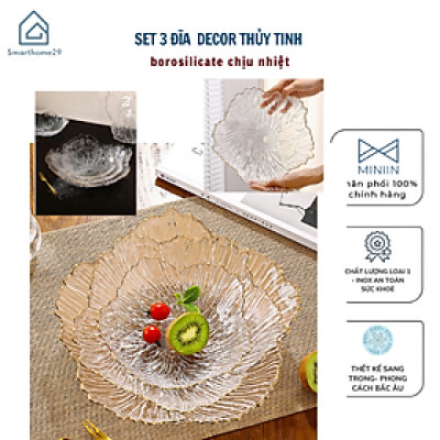 Set 3 Đĩa thủy tinh Decor chịu nhiệt - chịu lực borosilicate viền vàng cao cấp -Đĩa cánh hoa vân đá phong cách Hàn Quốc - HÀNG CHÍNH HÃNG MINIIN