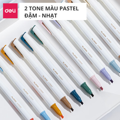 Set 6 bút highlight 2 đầu nhớ dòng đánh dấu màu pastel tươi sáng cute Nusign Deli dạ quang tiện lợi cho học sinh văn phòng