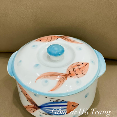 Thố chưng yến gốm sứ Bát Tràng cao cấp vẽ tay hoạ tiết cá dung tích 600ml