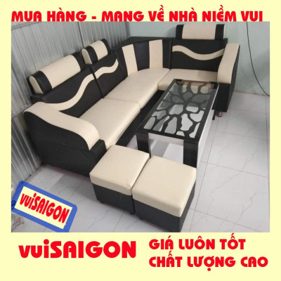 Ghế Sofa nệm mút bền đẹp 2.1m x 1.6 m tặng kèm 1 bàn kính và 2 ghế đôn, mẫu hiện đại phù hợp mọi gia đình