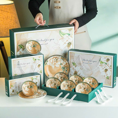 Bộ 6 Bát Đũa Sứ Ăn Cơm Họa Tiết Hoa Trà Kèm Hộp Tặng Quà, Mang Đi Biếu Gia Đình và Bạn Bè - HÀNG CHÍNH HÃNG MINIIN