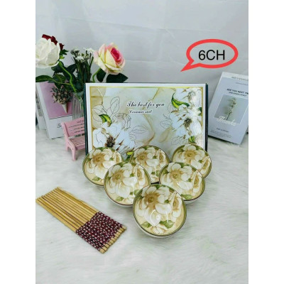 Bộ 6 Bát Đũa Sứ Ăn Cơm Họa Tiết Hoa Trà Kèm Hộp Tặng Quà, Mang Đi Biếu Gia Đình và Bạn Bè - HÀNG CHÍNH HÃNG MINIIN