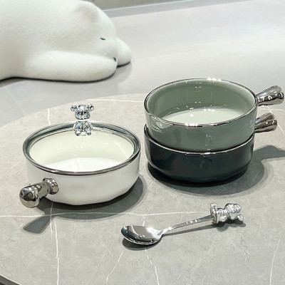 Tô sứ có tay cầm kèm nắp muỗng gấu bearbrick Lucky, Thố, Bát Sứ, Thố Úp Mì Nắp Gấu decor bàn ăn Kèm muỗng nĩa Sang Trọng, Bát Ăn Dặm baby Kid 