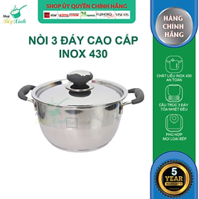 Nồi 3 đáy inox 430 Fivestar Standard quai silicon chống nóng nắp inox-sử dụng bếp từ-tặng 2 vá canh 24cm
