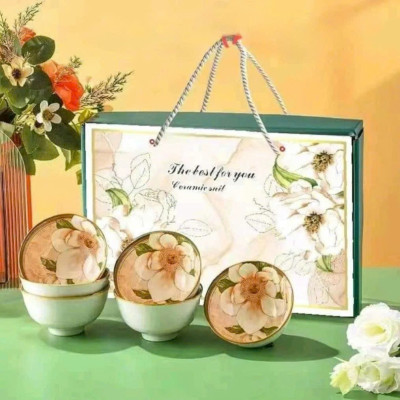 Bộ 6 Bát Đũa Sứ Ăn Cơm Họa Tiết Hoa Trà Kèm Hộp Tặng Quà, Mang Đi Biếu Gia Đình và Bạn Bè - HÀNG CHÍNH HÃNG MINIIN