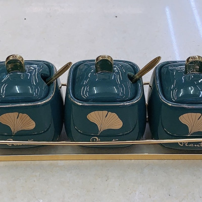 BỘ GIA VỊ SỨ CAO CẤP MÀU XANH CỔ VỊT KHUNG KIM LOẠI MẠ VÀNG