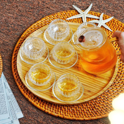 BỘ ẤM CHÉN PHA TRÀ THỦY TINH KÈM KHAY GỖ, 6 ĐĨA LÓT TÁCH - VD124