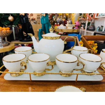 Uống trà, ấm chén kèm khay màu trắng Vàng, sứ xương cao cấp quà tặng ý nghĩa