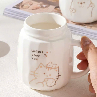 Cốc Sứ Nắp Gương Hình Động Vật Dễ Thương, Ly Sứ Nắp Quai Cầm Tiện Lợi 450ml - HÀNG CHÍNH HÃNG MINIIN