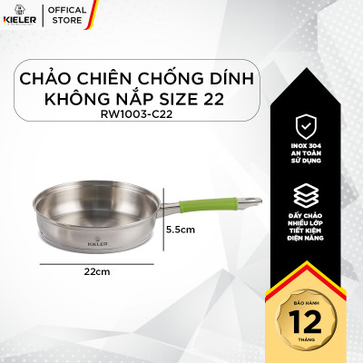 Chảo chống dính không nắp cao cấp KIELER đáy từ 22cm nấu nhanh, tiết kiệm điện, có 2 lớp chống dính Whitford RW1003-C22 - Hàng Chính Hãng