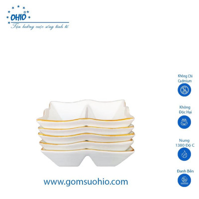 Đĩa 2 Ngăn Chữ Nhật Sứ Trắng Viền Vàng OHIO