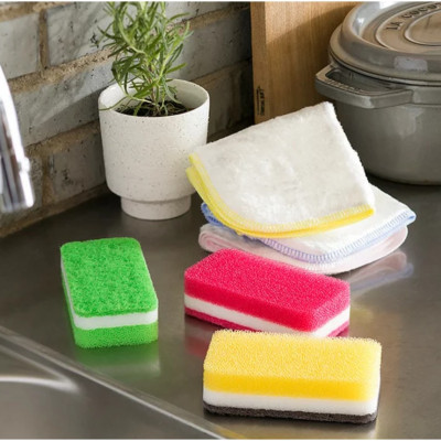 Combo bát nhựa tròn họa tiết hoa anh đào Ø11×6.5cm + miếng bọt biển nhà bếp - made in Japan