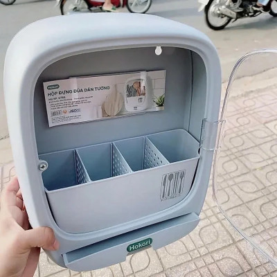 Hộp Đựng Đũa Thìa Dán Tường HOKORI - Hộp Đựng Đũa Thìa Bốn Ngăn Tiện Dụng Có Nắp Đậy, Dán Tường Siêu Chắc Chắn , Có Thể Bắt Vít Cho Tường Sơn - Hàng Việt Nam