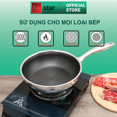 Bộ nồi chảo chống dính tổ ong sâu lòng 3 lớp đáy liền inox 304 Fivestar Plus 5 món quai oval nắp kính , tặng 1 vá canh