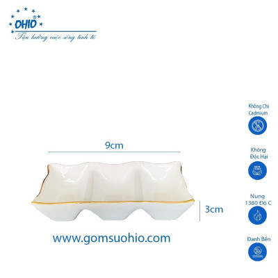 Đĩa 3 Ngăn Sứ Trắng Viền Kim OHIO