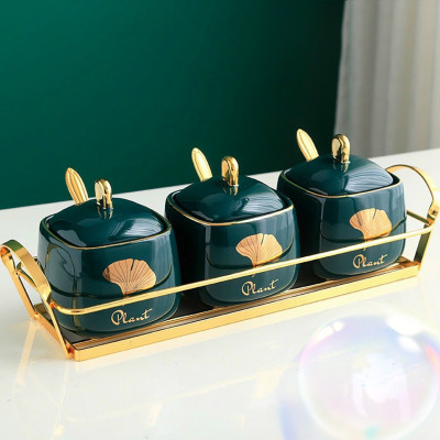 BỘ GIA VỊ SỨ CAO CẤP MÀU XANH CỔ VỊT KHUNG KIM LOẠI MẠ VÀNG