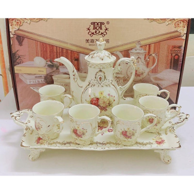 BỘ ẤM CHÉN SỨ HOA MẪU ĐƠN CAO PHONG CÁCH HOÀNG GIA KÈM KHAY VIỀN VÀNG CAO CẤP