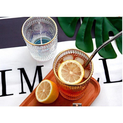 Bộ 6 cốc thủy tinh trắng viền vàng uống nước, trà cà phê hoa văn tròn cao cấp