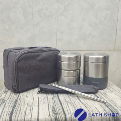 Bộ Hộp Cơm Giữ Nhiệt Lock&Lock Dung Tích  1.150ml (450ml*1, 420ml*1, 280ml*1  Kèm Đũa Và Túi Xách) Giữ Nhiệt Tới 6h - Màu Xám
