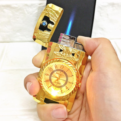 Vỏ Hột Quẹt Bật Lửa Khò Ga Kiêm Đồng Hồ Khắc Họa Tiết Rồng Vàng/Thằn Lằn Có Đèn Led Cao Cấp