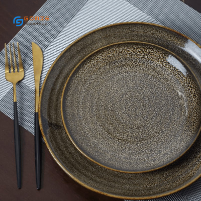 Đĩa tròn men gấm vàng hỏa biến cao cấp GOMIE BÁT TRÀNG chuyên dùng cho nhà hàng, khách sạn 5 sao.
