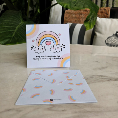 Thiệp tình yêu, Valentine, tỏ tình, SDstationery Nắng Mưa, hình mây cầu vòng dễ thương, vuông 12x12 cm