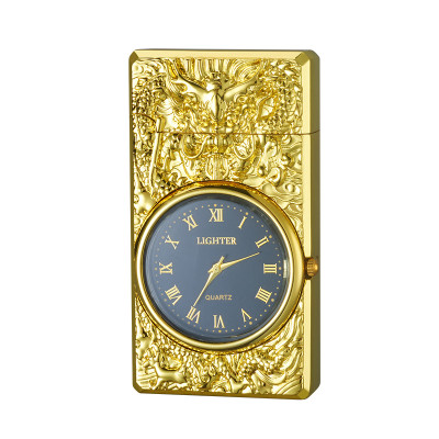 Vỏ Hột Quẹt Bật Lửa Gas HF602 Khò 1 Tia Hình Rồng Vàng Kiêm Đồng Hồ La Mã
