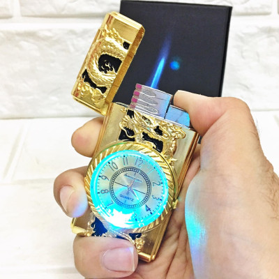 Vỏ Hột Quẹt Bật Lửa Khò Ga Kiêm Đồng Hồ Khắc Họa Tiết Rồng Vàng/Thằn Lằn Có Đèn Led Cao Cấp