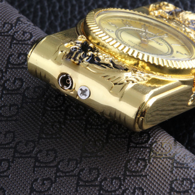 Vỏ Hột Quẹt Bật Lửa Khò Ga Kiêm Đồng Hồ Khắc Họa Tiết Rồng Vàng/Thằn Lằn Có Đèn Led Cao Cấp