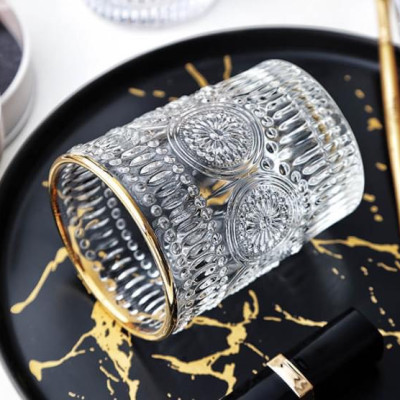 BỘ 6 CỐC THỦY TINH UỐNG NƯỚC VIỀN VÀNG  HOA VĂN  TRÒN NỔI - ANTH481