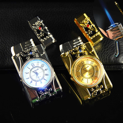 Vỏ Hột Quẹt Bật Lửa Khò Ga Kiêm Đồng Hồ Khắc Họa Tiết Rồng Vàng/Thằn Lằn Có Đèn Led Cao Cấp