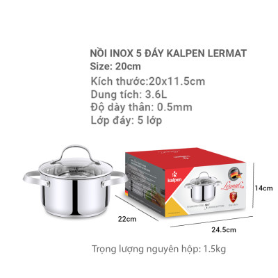 Nồi inox 304 cao cấp 5 đáy Kalpen Lermat size 20cm - Hàng chính hãng