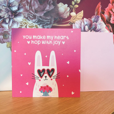 Thiệp tình yêu, Valentine, tỏ tình, SDstationery Hop With Joy, hình thỏ dễ thương vui nhộn, vuông 12x12 cm