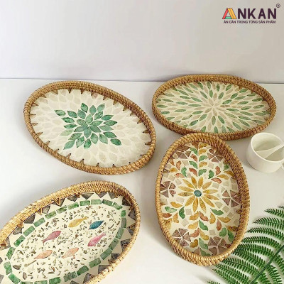 Khay Mây Khảm Trai Hình Bầu Dục Đựng Bánh Kẹo, Trái Cây, Khay Trang Trí Decor Nhà Cửa, Sản Phẩm Thủ Công Từ Mây Tự Nhiên