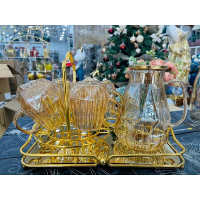 Cobo bộ bình đựng nước uống thủy tinh chịu nhiệt cao cấp 6 cốc , khay và giá úp cốc màu vàng Gold sang trọng