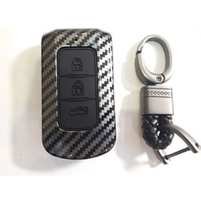Ốp nhựa carbon lót silicon bọc, bảo vệ chìa khóa cho xe Mitsubishi Xpander, Outlander kèm móc đeo INOX