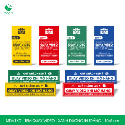100 Tem chú ý quay video trước khi mở hàng, decal dán hộp - 10x5 cm - Xanh dương in trắng - MDV1XD