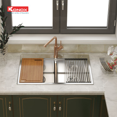 Chậu rửa bát Konox, Topmount Series, Model KN8850TD, Inox 304AISI tiêu chuẩn châu Âu, Hạ bậc tích hợp, 880x500x228(mm), Hàng chính hãng