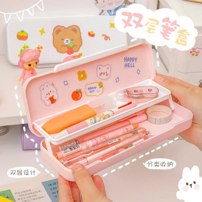 Hợp Đựng Bút 2 Tầng 2 Ngăn Để Dụng Cụ Học Tập Cho Bé Bằng Nhựa ABS An Toàn Dễ Thương Cho Bé ( Họa tiết ngẫu nhiên)