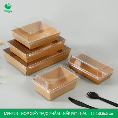 MFHP2N - 15.5x8.5x6 cm - 25 hộp giấy kraft thực phẩm màu nâu nắp Pet, hộp giấy chữ nhật đựng thức ăn, hộp bánh nắp trong